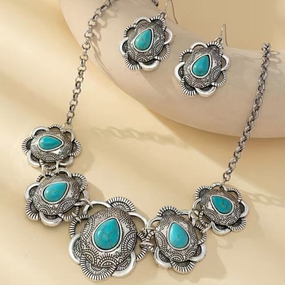 Faux Turquoise and Silver Concho Chain Necklace and Earrings Set (#1122) - Picture 7 of 7